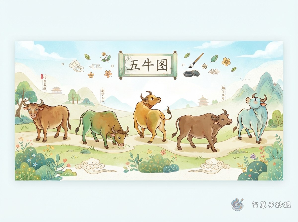 《五牛图》手抄报怎么画出五头牛的不同神态 - 智慧手抄报专题封面图