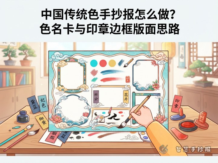 中国传统色手抄报怎么做？色名卡与印章边框版面思路 - 相关内容封面