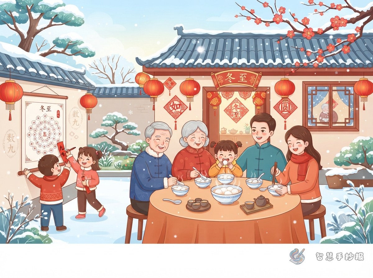 冬至节礼仪手抄报写什么？团圆敬老与数九习俗内容 - 智慧手抄报专题封面图