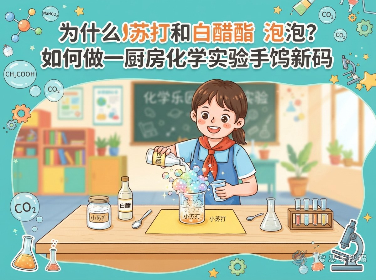 小苏打加白醋为什么会冒泡泡？厨房化学小实验手抄报怎么写 - 智慧手抄报专题封面图