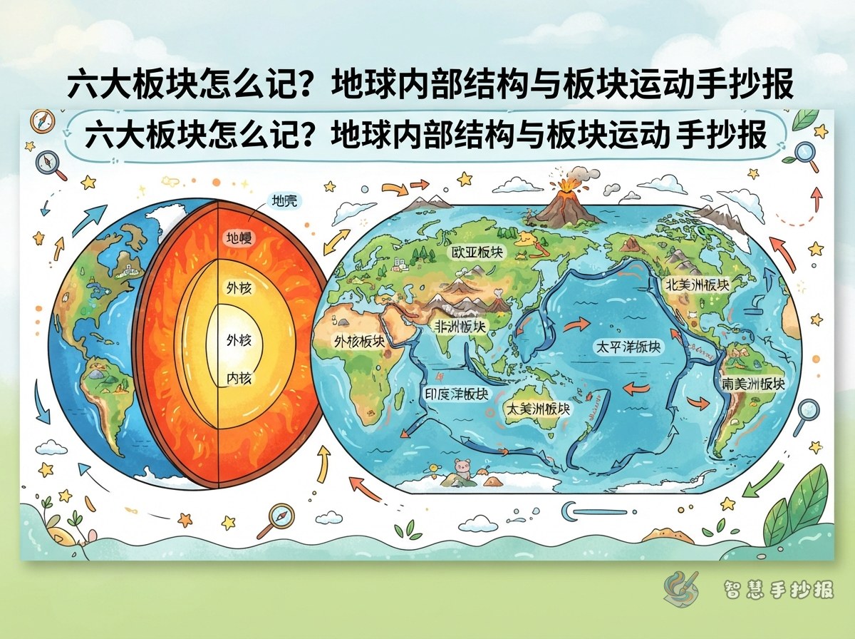 六大板块怎么记？地球内部结构与板块运动手抄报口诀与版面 - 智慧手抄报专题封面图