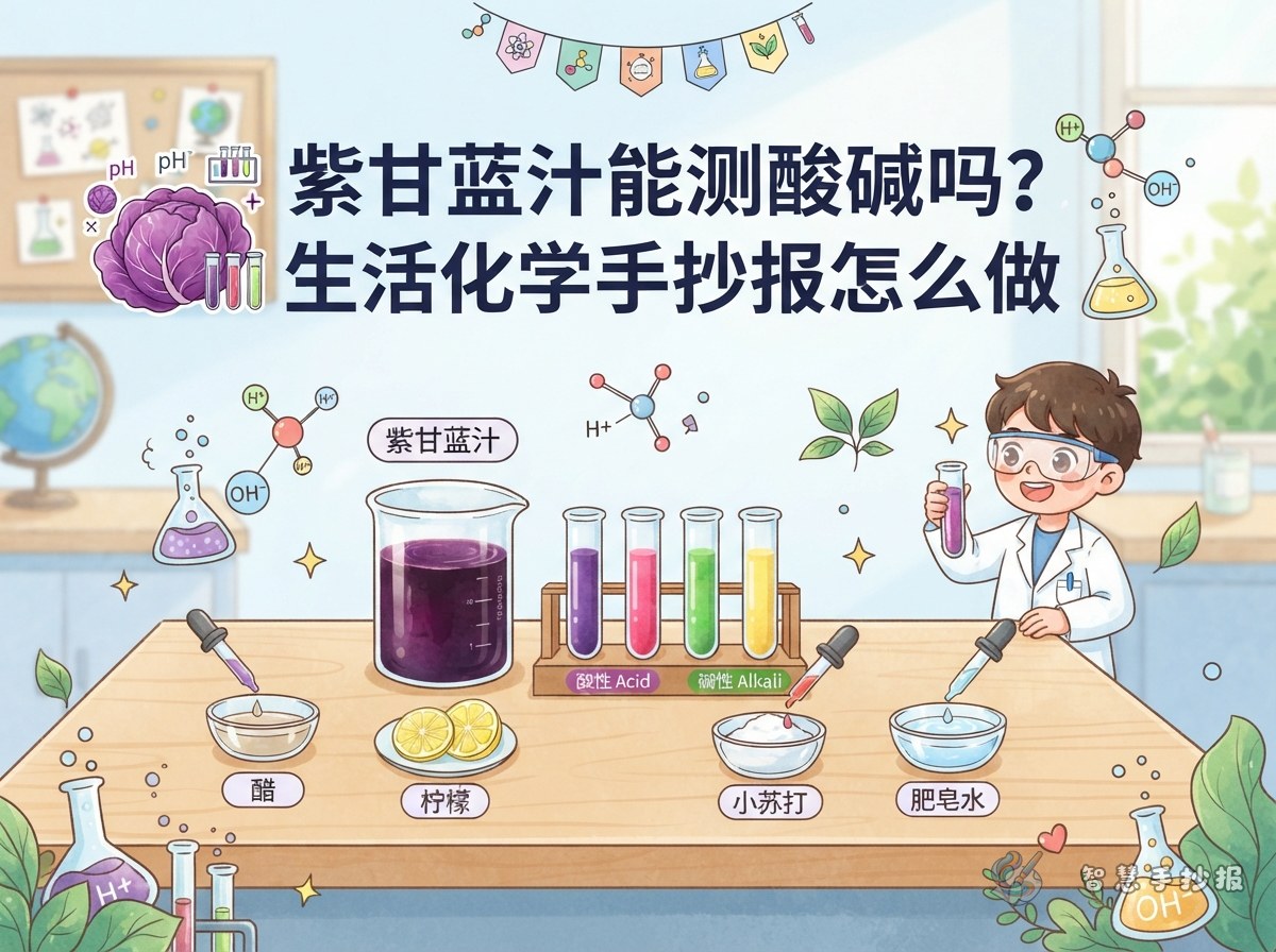 紫甘蓝汁能测酸碱吗？生活化学手抄报怎么做 - 智慧手抄报专题封面图