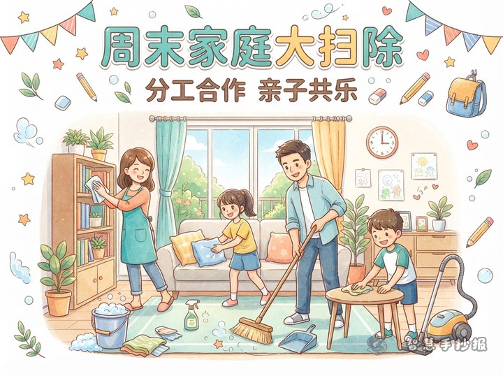 周末家庭大扫除手抄报怎么做才有分工感？ - 家庭劳动分工与亲子家务手抄报系列作品预览