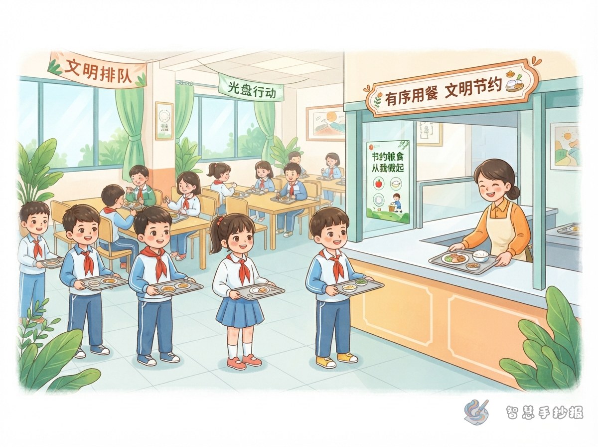 食堂排队与节约粮食手抄报怎么做 - 智慧手抄报专题封面图