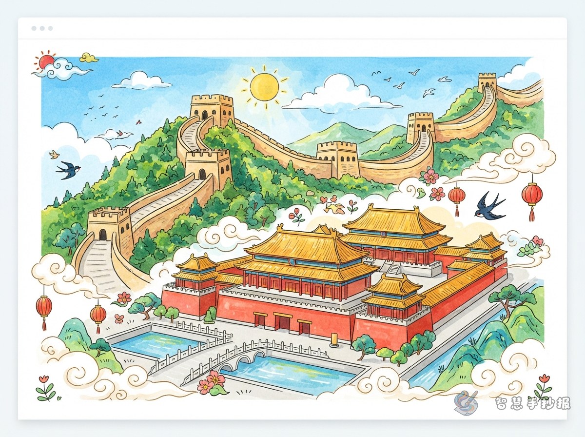 长城故宫手抄报怎么配色才有古都味道 - 智慧手抄报专题封面图