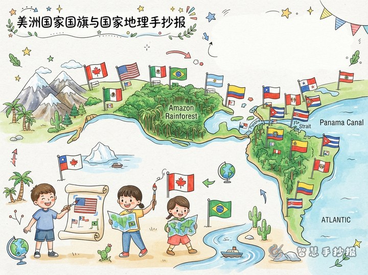 美洲国家国旗手抄报怎么画？用雨林、雪山和海峡串联国家地理 - 相关内容封面
