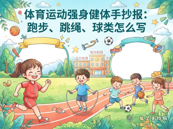 跑步、跳绳、球类怎么写进体育运动手抄报 - 体育运动强身健体手抄报系列作品预览