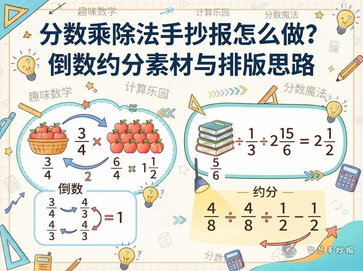 分数乘除法手抄报怎么做？倒数约分素材与排版思路 - 智慧手抄报专题封面图
