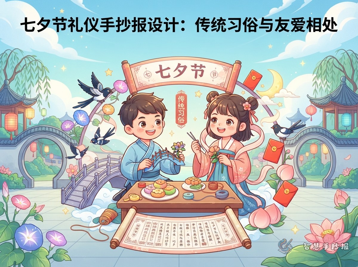 七夕节礼仪手抄报怎么设计？传统习俗与友爱相处内容 - 智慧手抄报专题封面图