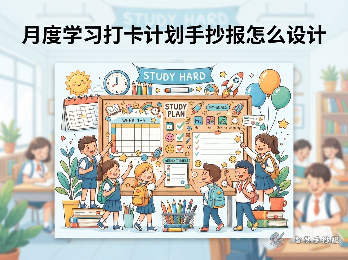 月度学习打卡计划手抄报怎么设计 - 智慧手抄报专题封面图