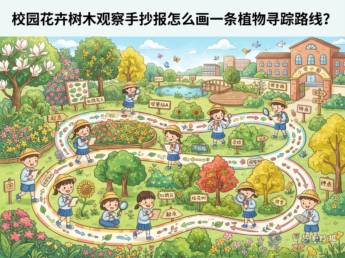 校园花卉树木观察手抄报怎么画一条植物寻踪路线？ - 智慧手抄报专题封面图