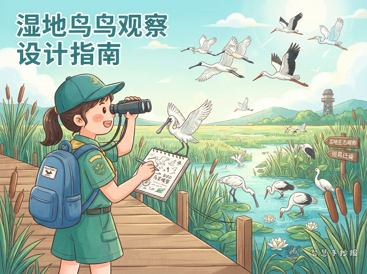 把湿地候鸟手抄报做成观察记录风格怎么设计 - 智慧手抄报专题封面图