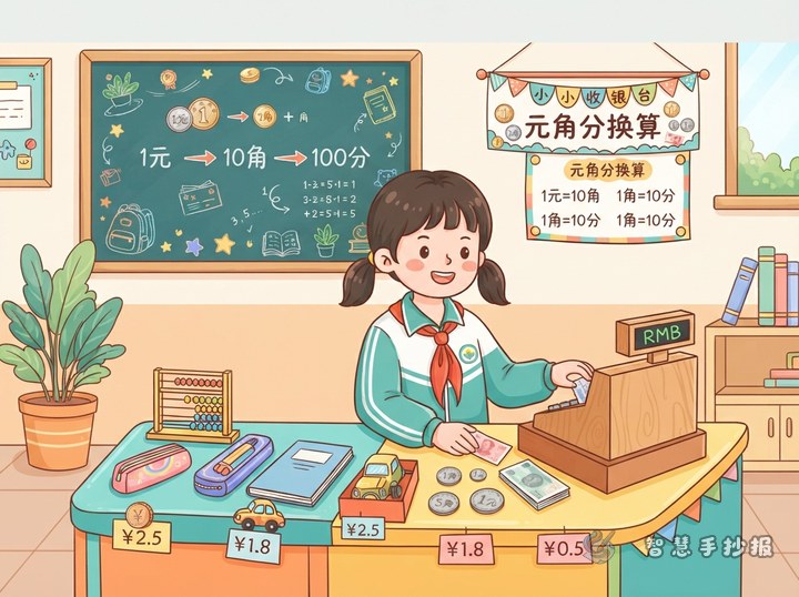 元角分换算手抄报怎么画？用小小收银台学会人民币计算 - 手抄报专题封面