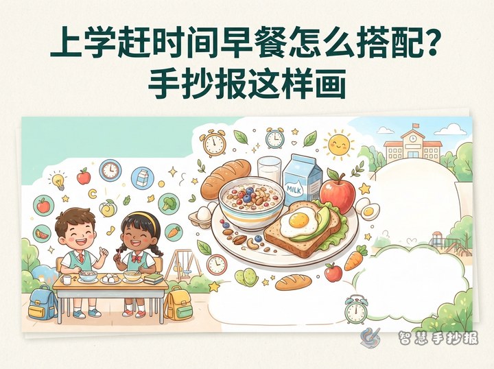 上学赶时间早餐怎么搭配？手抄报这样画 - 校园早餐营养搭配手抄报系列作品预览