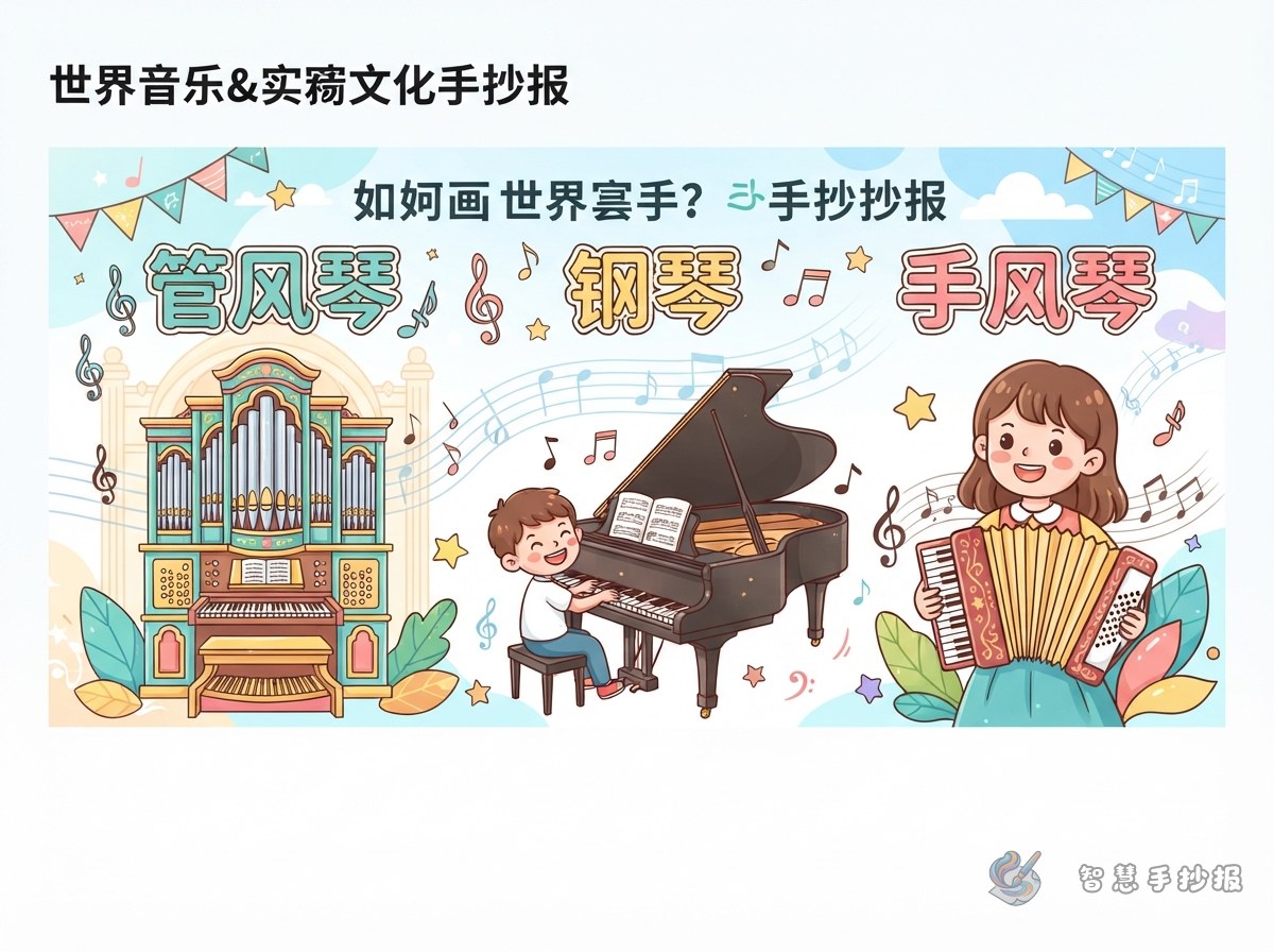 世界键盘乐器手抄报怎么画？管风琴、钢琴和手风琴的键盘家族 - 智慧手抄报专题封面图