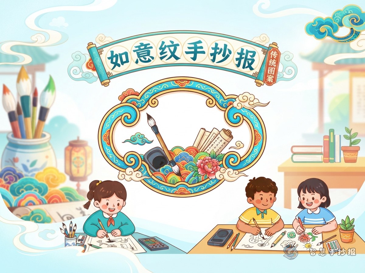 如意纹手抄报怎么画？用如意云头做边框和标题框 - 智慧手抄报专题封面图