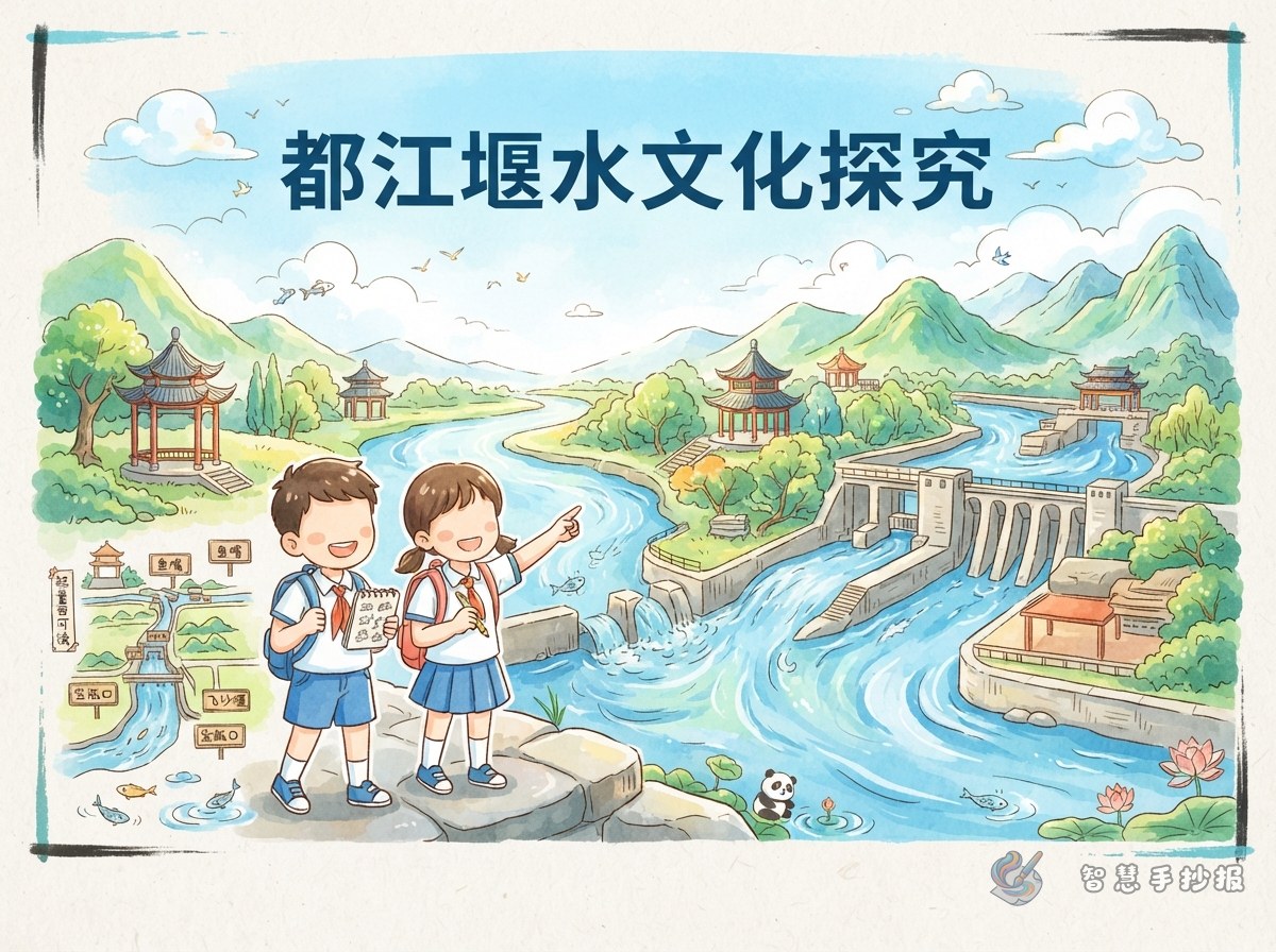 Dujiangyan Water Culture Handwritten Newspaper: Layout and Content Ideas - Poster topic cover image