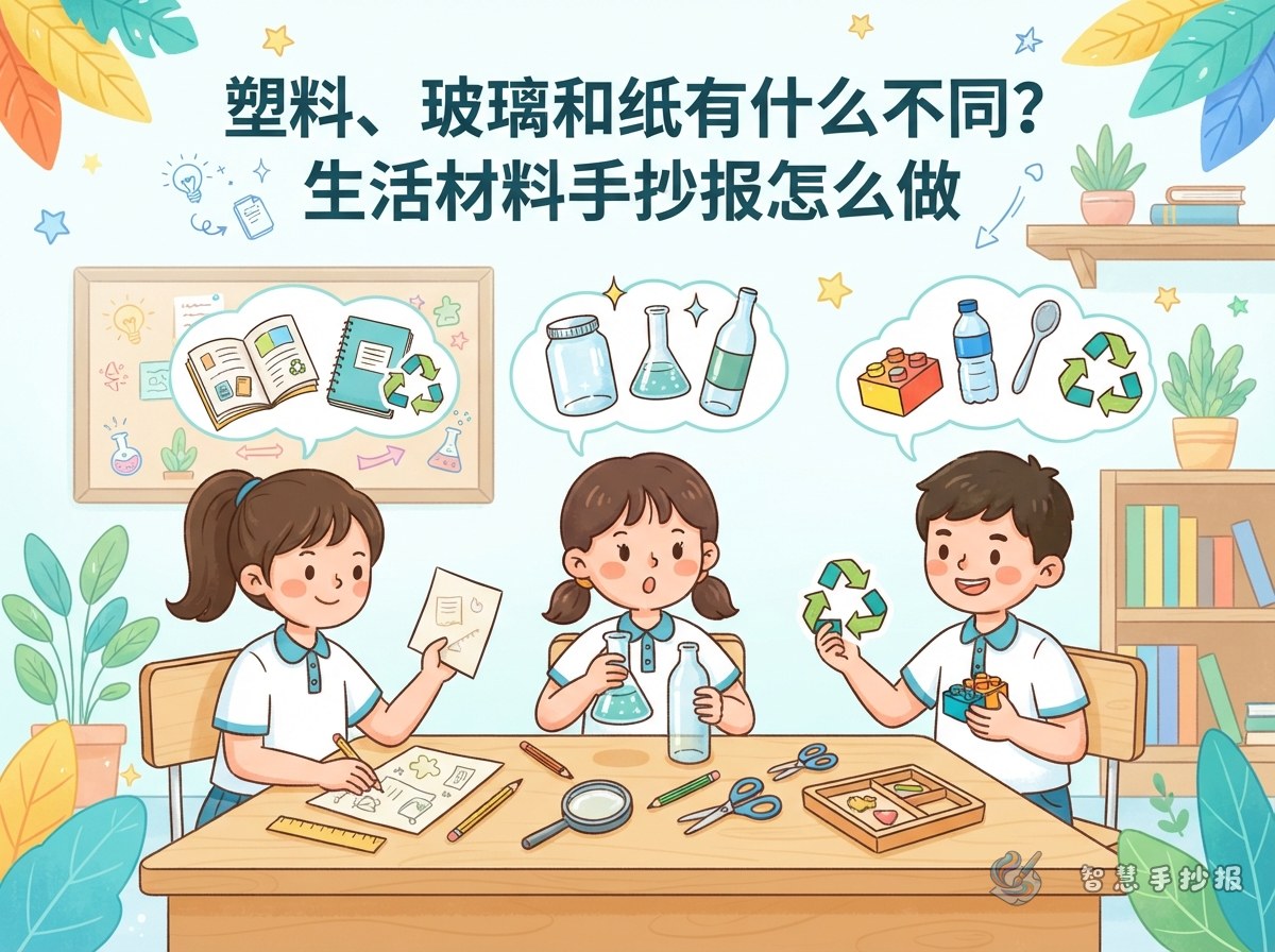 塑料、玻璃和纸有什么不同？生活材料手抄报怎么做 - 智慧手抄报专题封面图