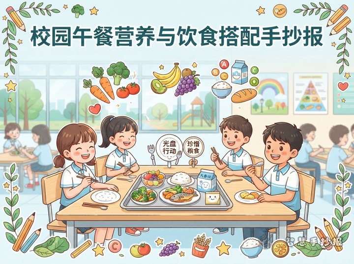 校园午餐光盘行动手抄报怎样体现营养搭配 - 校园午餐营养与饮食搭配手抄报系列作品预览