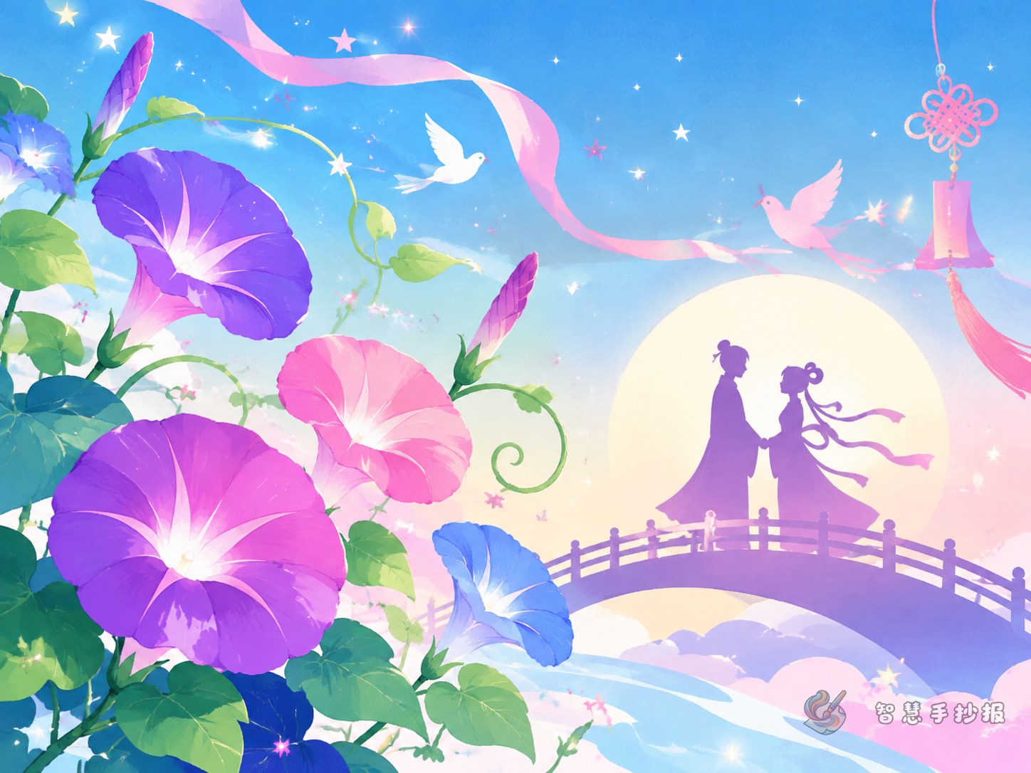 七夕节手抄报适合画牵牛花吗？寓意、文字和版面设计 - 智慧手抄报专题封面图