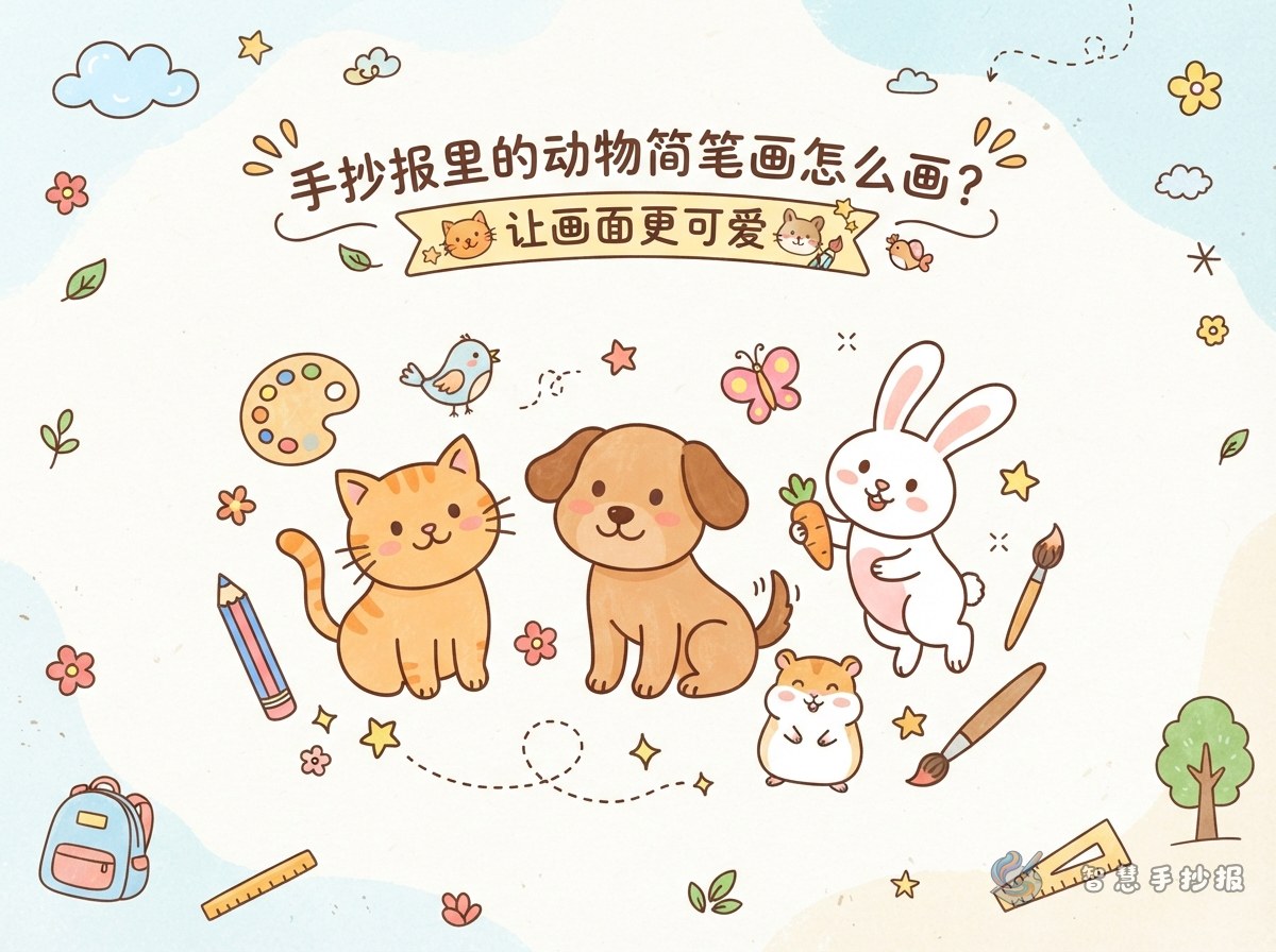 手抄报里的动物简笔画怎么画？小猫小狗小兔让画面更可爱 - 智慧手抄报专题封面图