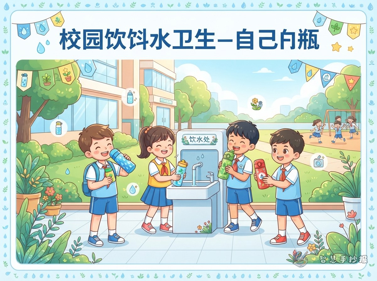 校园饮水卫生手抄报怎么写，自带水杯的习惯可以画哪些内容 - 智慧手抄报专题封面图
