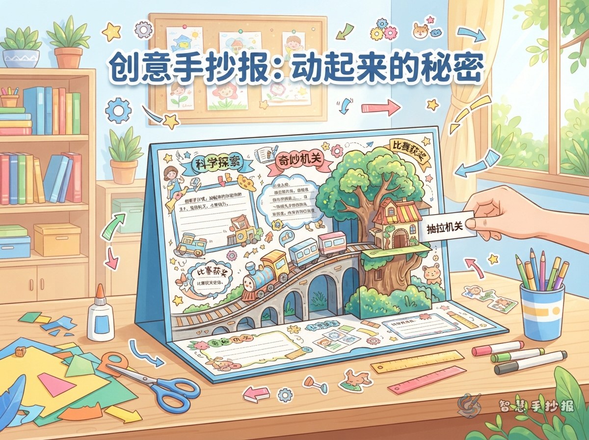 比赛手抄报怎样做会动的抽拉机关 - 智慧手抄报专题封面图
