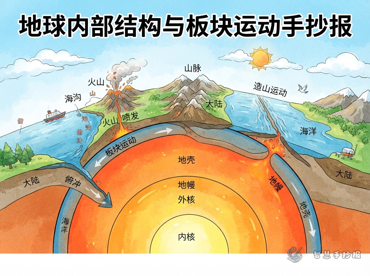 海沟、火山和山脉怎么形成？地球内部结构与板块运动手抄报 - 智慧手抄报专题封面图