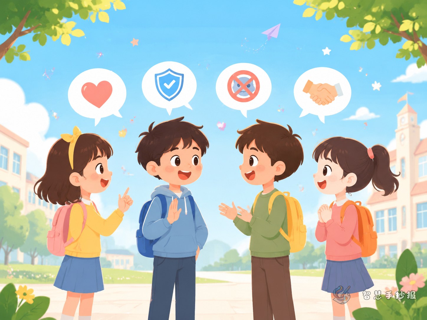 校园反欺凌手抄报加入对话场景该怎么设计 - 智慧手抄报专题封面图