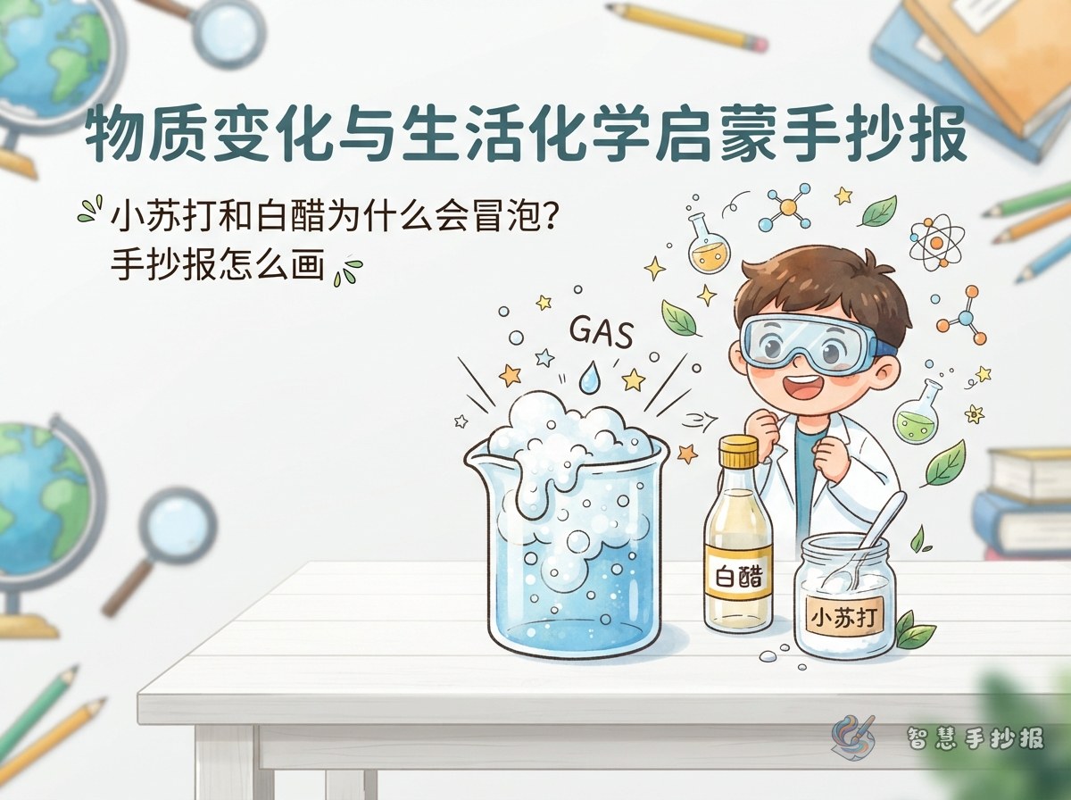 小苏打和白醋为什么会冒泡？手抄报怎么画 - 智慧手抄报专题封面图