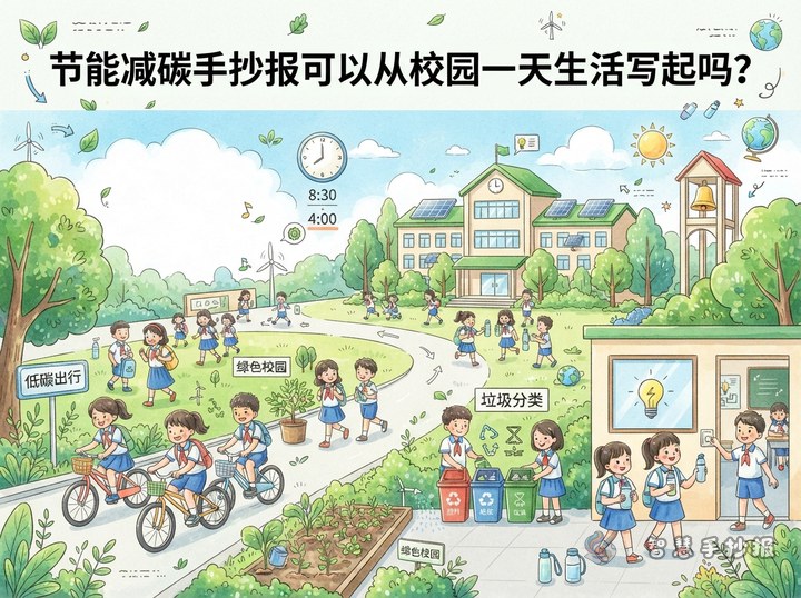 节能减碳手抄报可以从校园一天生活写起吗？ - 节能减碳与绿色校园手抄报系列作品预览