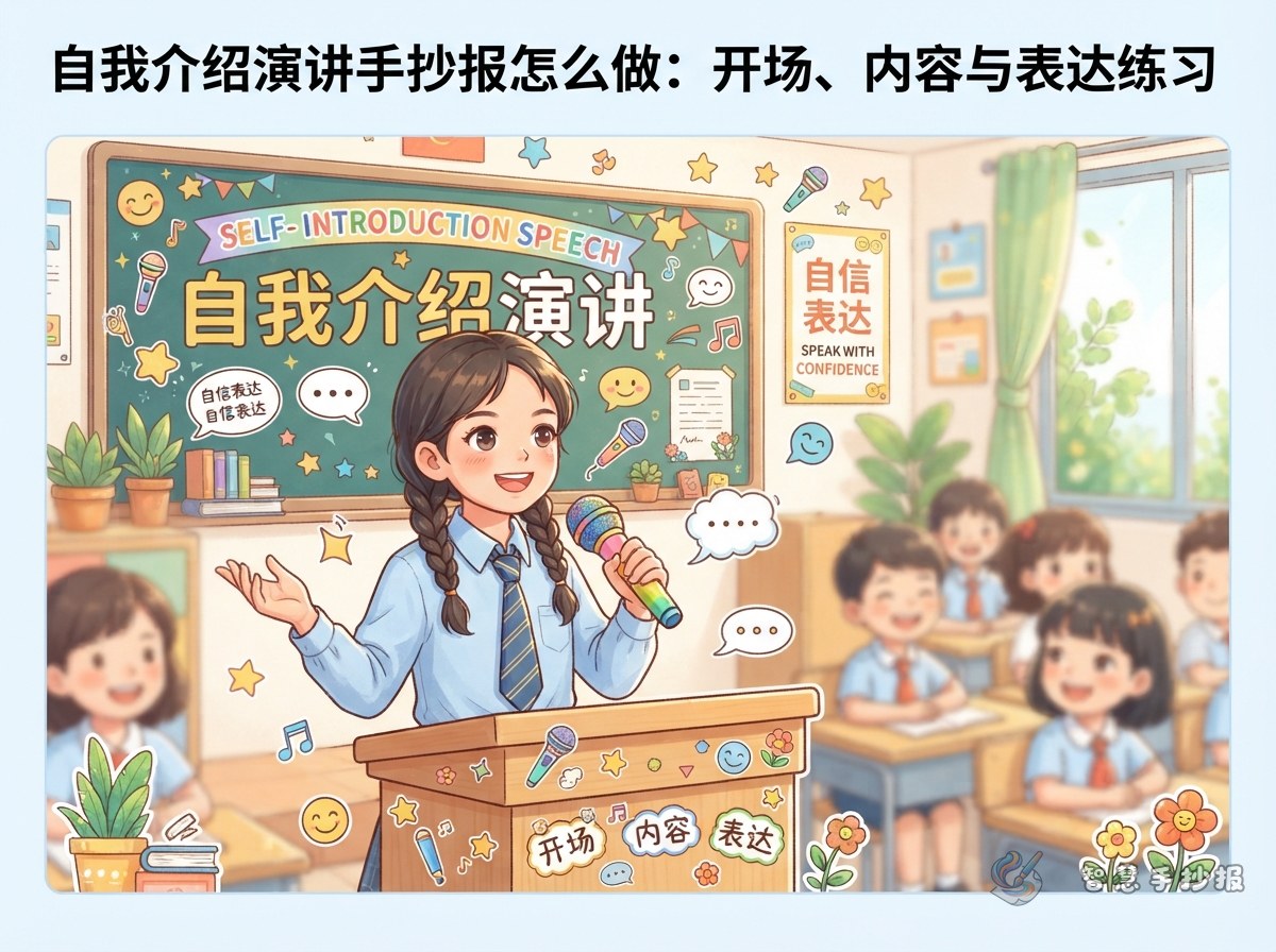 自我介绍演讲手抄报怎么做：开场、内容与表达练习 - 智慧手抄报专题封面图