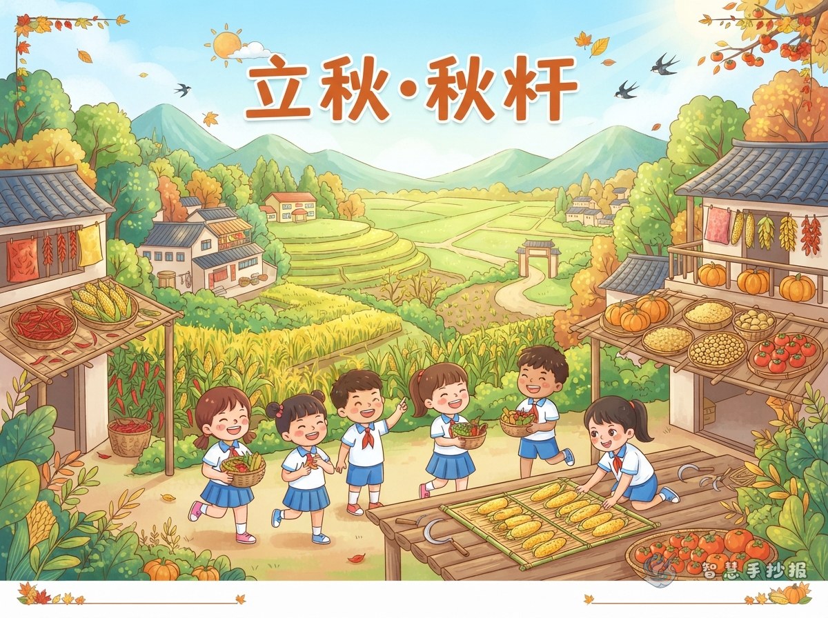 立秋手抄报怎么把晒秋和丰收画出来？ - 智慧手抄报专题封面图