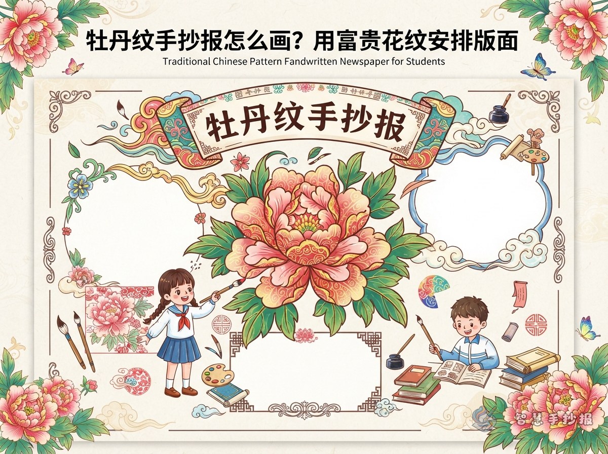 牡丹纹手抄报怎么画？用富贵花纹安排版面 - 智慧手抄报专题封面图