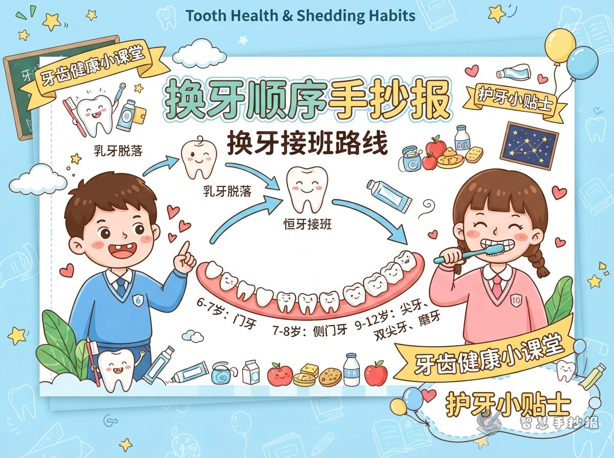 换牙顺序手抄报怎么画？用牙齿接班路线讲护牙 - 智慧手抄报专题封面图