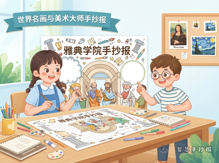 雅典学院手抄报怎么画？拉斐尔名画与美术大师群像版面 - 手抄报专题封面