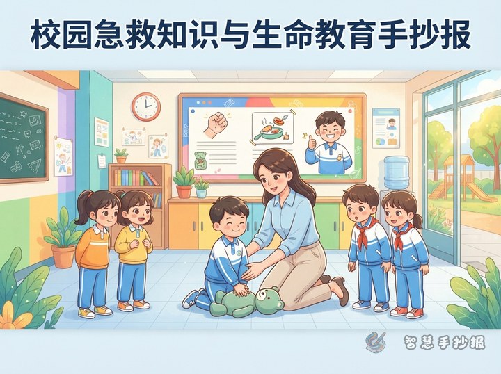 校园异物卡喉急救手抄报怎么画？ - 校园急救知识与生命教育手抄报系列作品预览