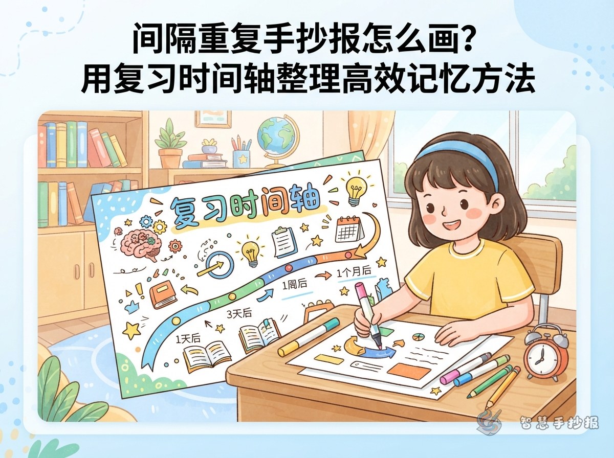 间隔重复手抄报怎么画？用复习时间轴整理高效记忆方法 - 智慧手抄报专题封面图