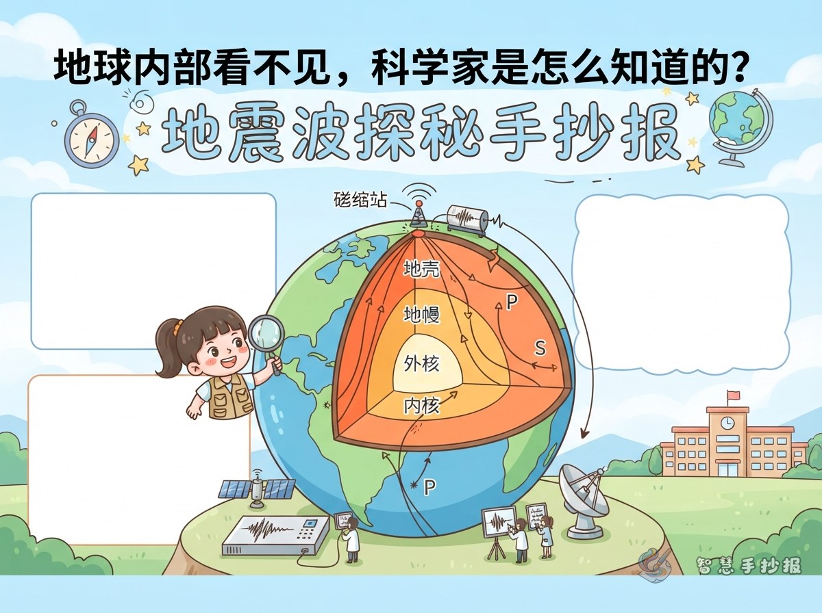 地球内部看不见，科学家是怎么知道的？地震波探秘手抄报 - 智慧手抄报专题封面图