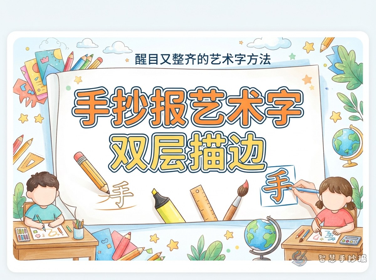 手抄报主标题怎么画双层描边？醒目又整齐的艺术字方法 - 智慧手抄报专题封面图