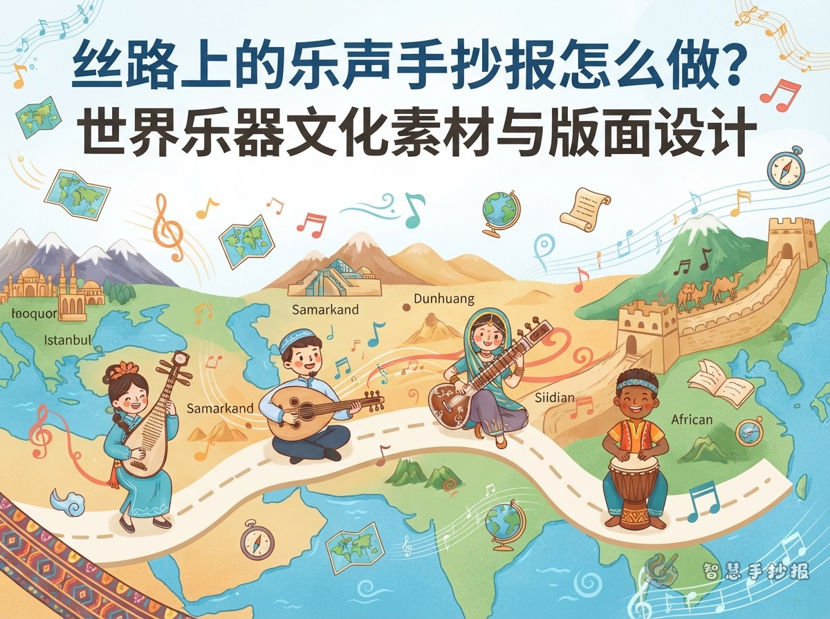 丝路上的乐声手抄报怎么做？世界乐器文化素材与版面设计 - 智慧手抄报专题封面图