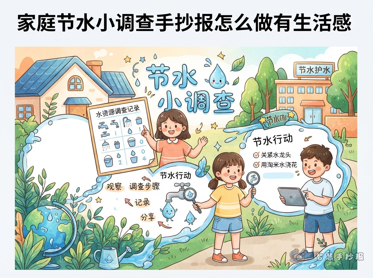 家庭节水小调查手抄报怎么做有生活感 - 智慧手抄报专题封面图