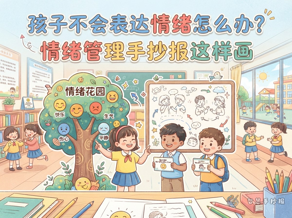 孩子不会表达情绪怎么办？情绪管理手抄报这样画 - 智慧手抄报专题封面图