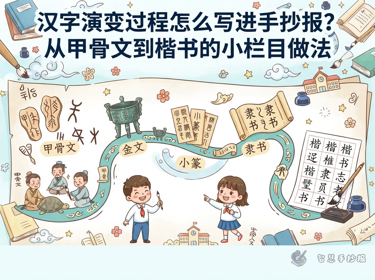 汉字演变过程怎么写进手抄报？从甲骨文到楷书的小栏目做法 - 智慧手抄报专题封面图