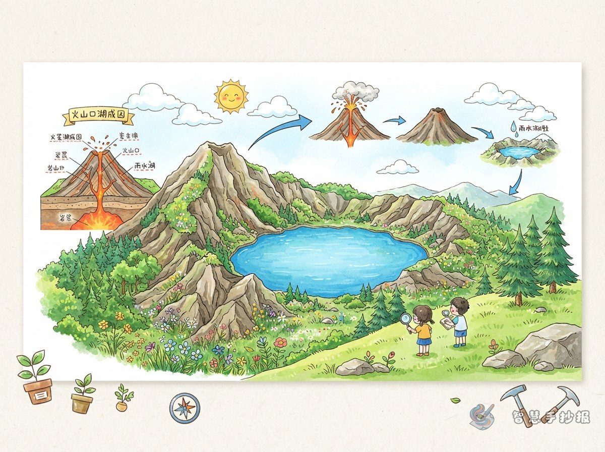 火山口湖是怎么形成的手抄报怎么画 - 智慧手抄报专题封面图