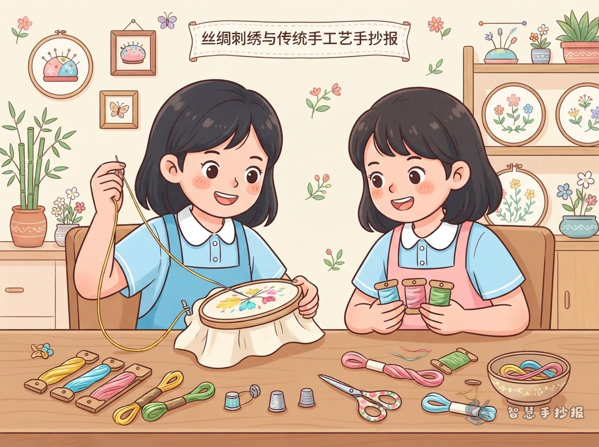 刺绣针法手抄报怎么做？绣绷、丝线与基础针法素材整理 - 智慧手抄报专题封面图