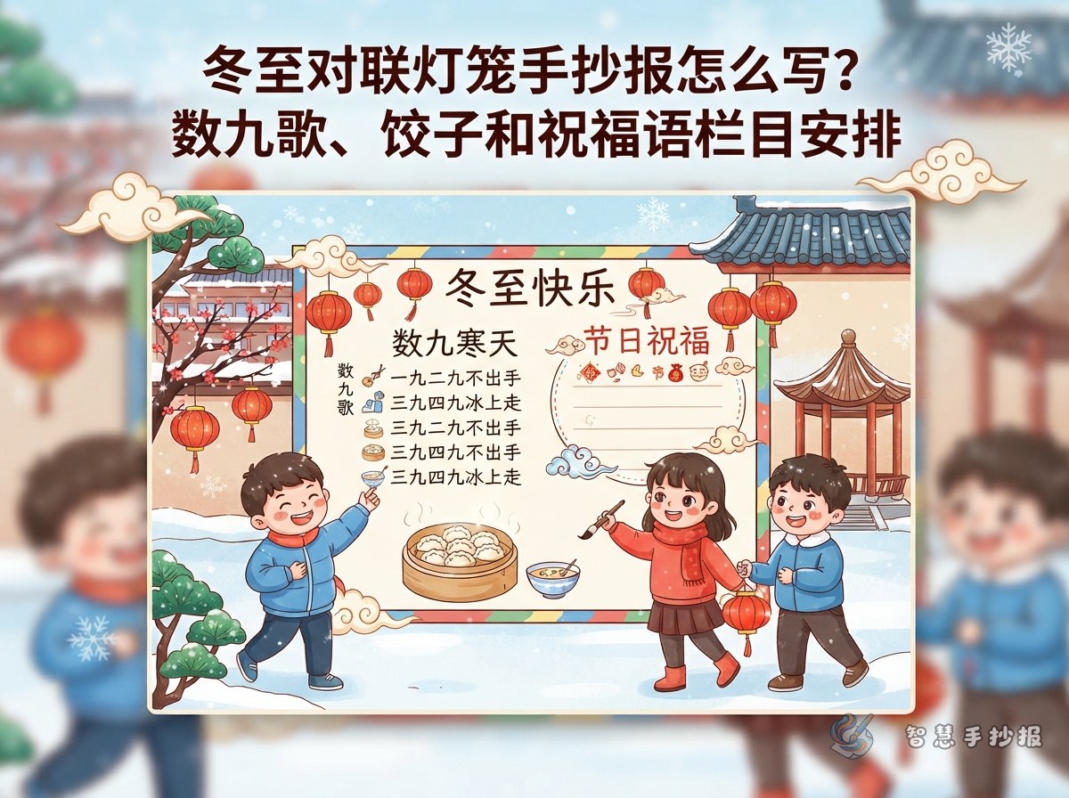 冬至对联灯笼手抄报怎么写？数九歌、饺子和祝福语栏目安排 - 智慧手抄报专题封面图