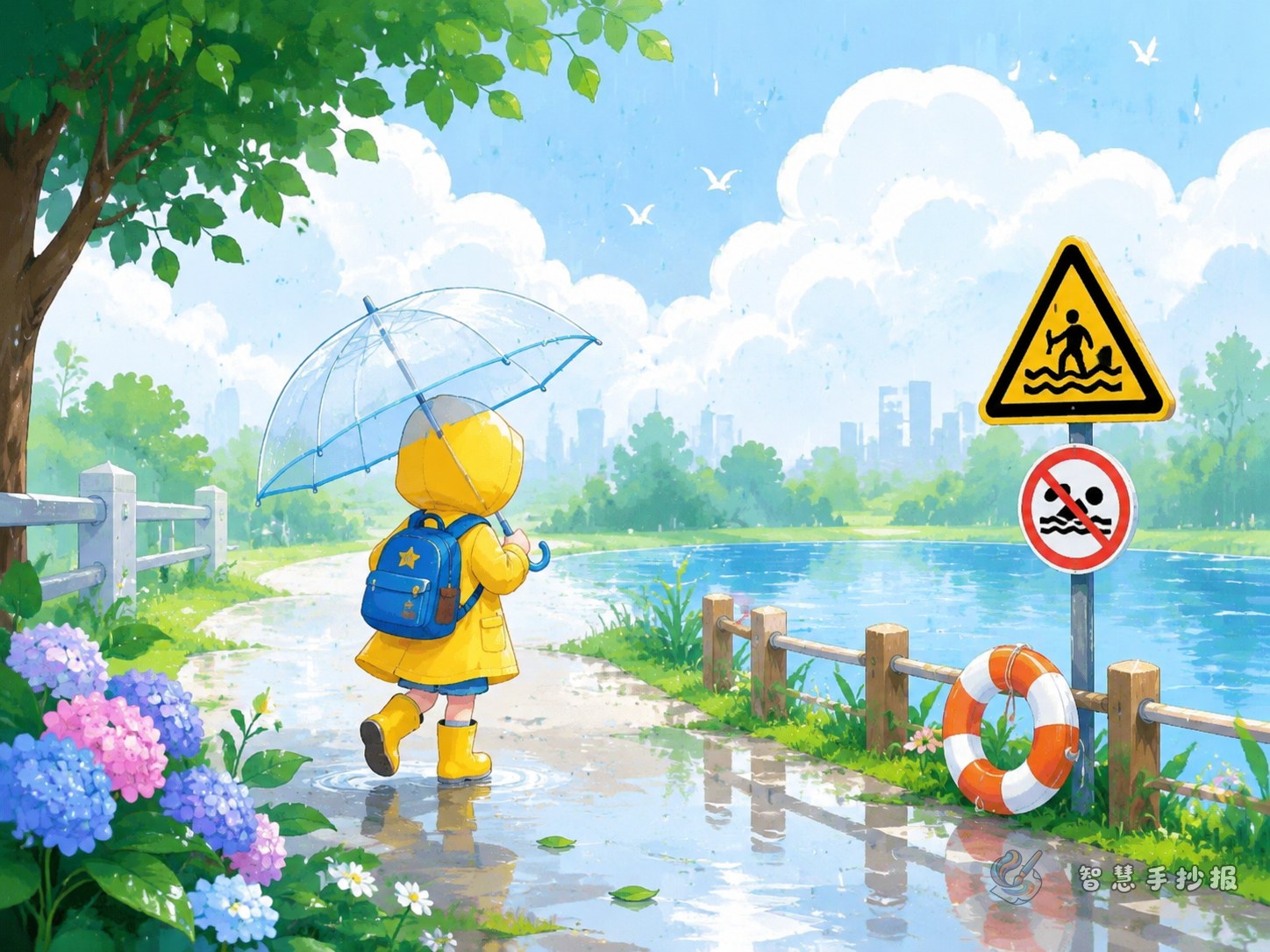 下雨天上学路上怎么做防溺水手抄报内容 - 智慧手抄报专题封面图
