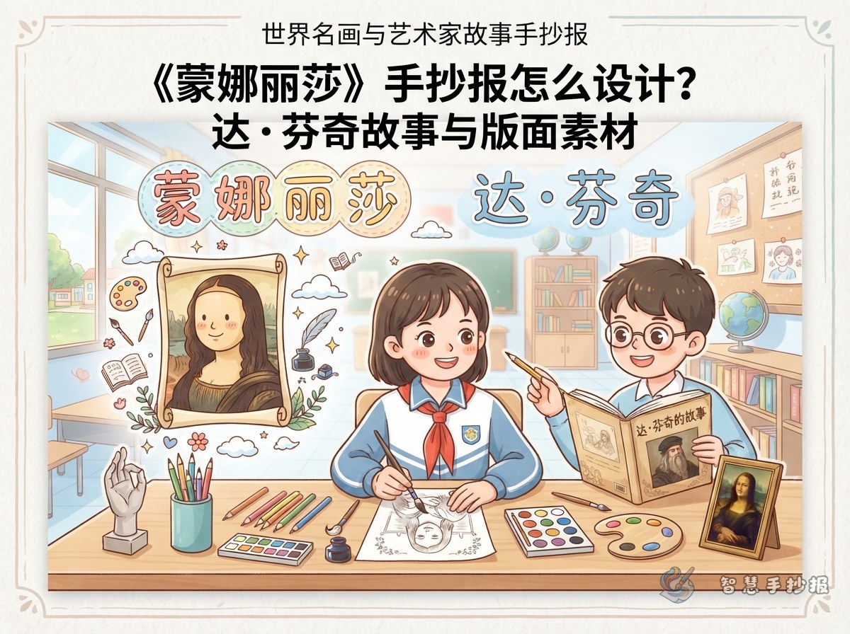 《蒙娜丽莎》手抄报怎么设计？达&middot;芬奇故事与版面素材 - 智慧手抄报专题封面图