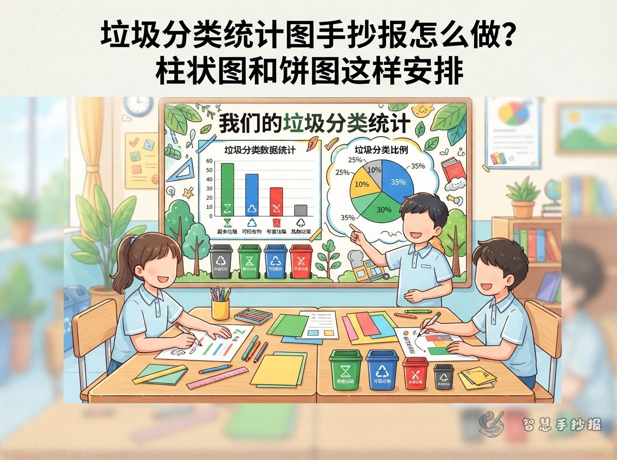 垃圾分类统计图手抄报怎么做？柱状图和饼图这样安排 - 智慧手抄报专题封面图